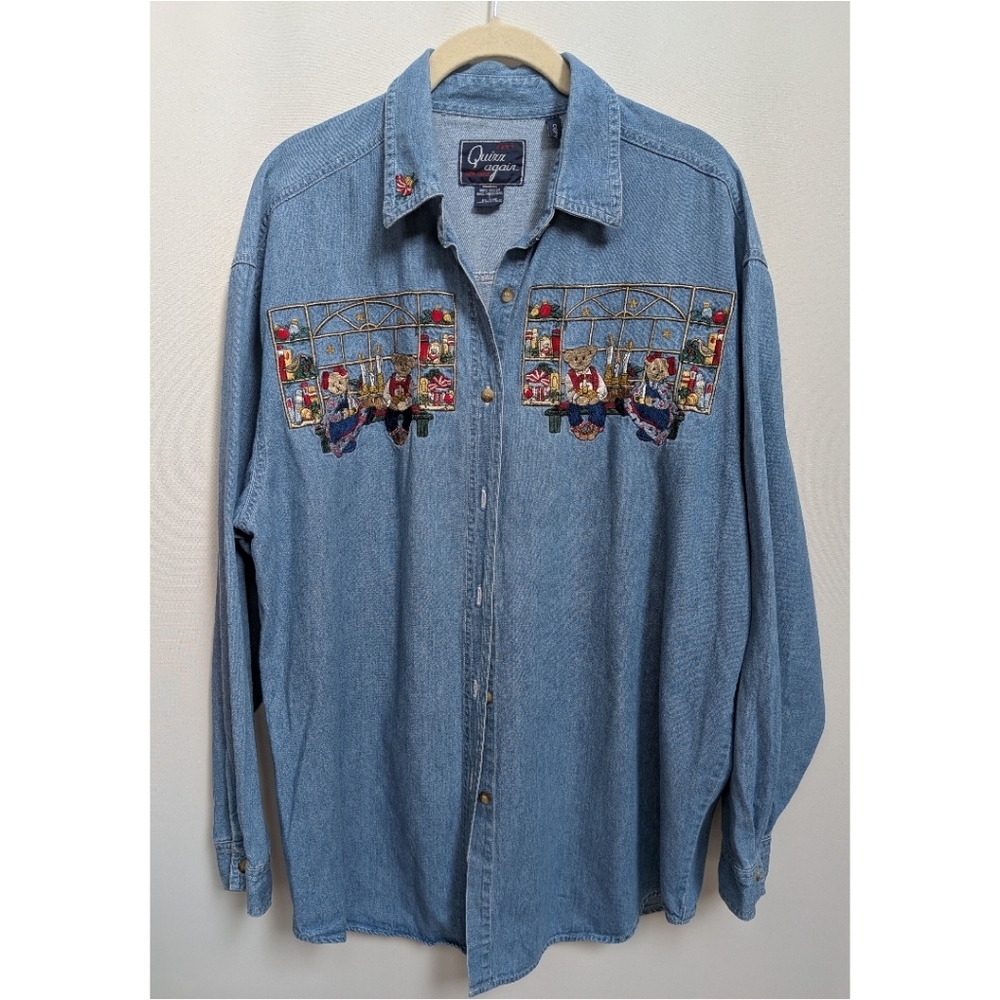 VTG Holiday Bear Embroidered Quizz Again Button Up Denim Jean Shirt Size Large